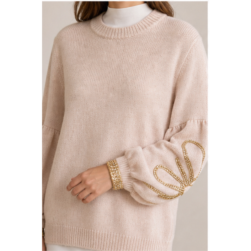 Beige tunic knit with sleeves decorated Tsniout - product photo 4