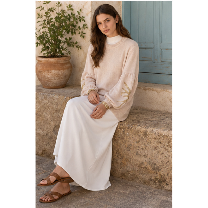 Beige tunic knit with sleeves decorated Tsniout - product photo 5