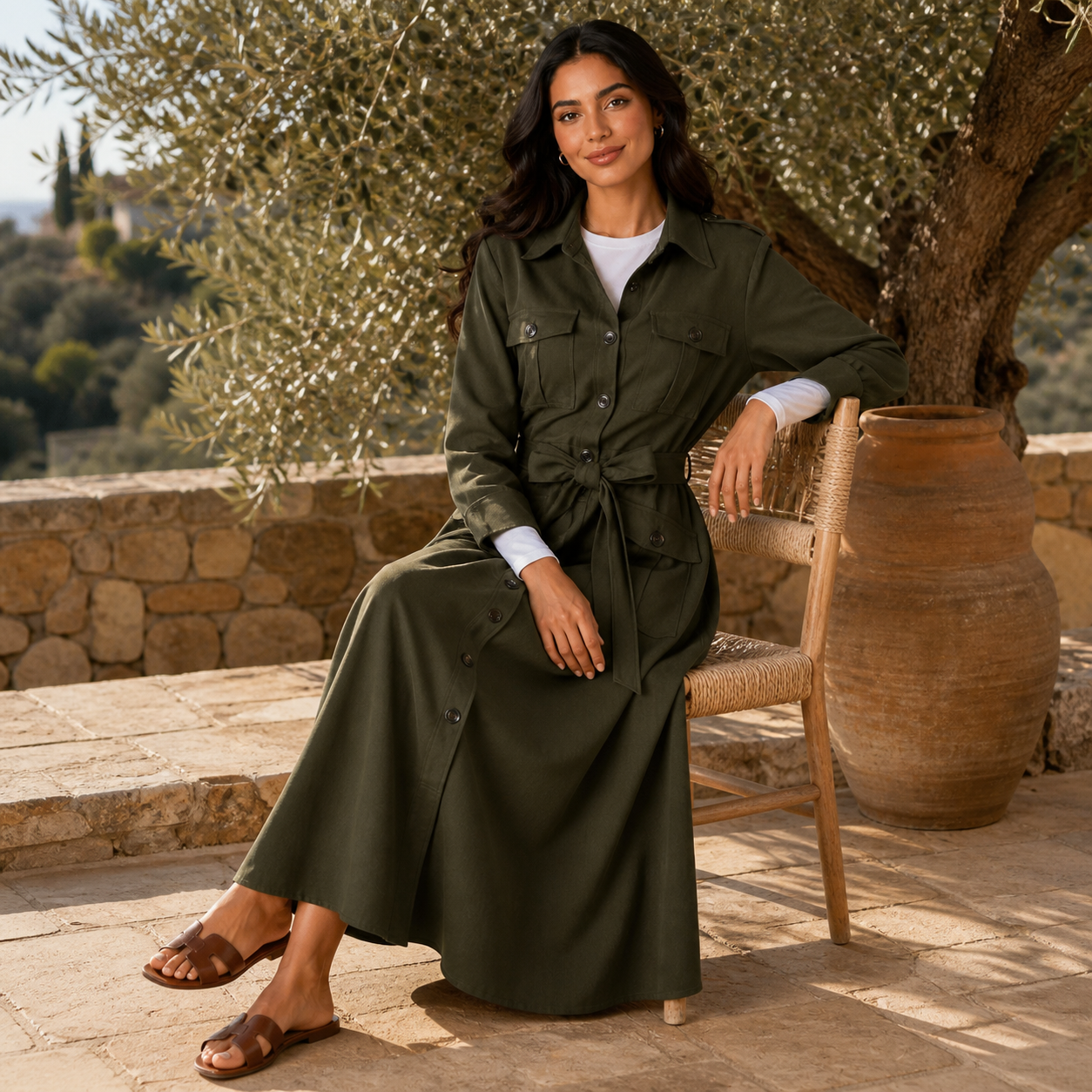 שמלה ארוכה חאקי safari עם חגורה Tsniout - תמונת מוצר 5