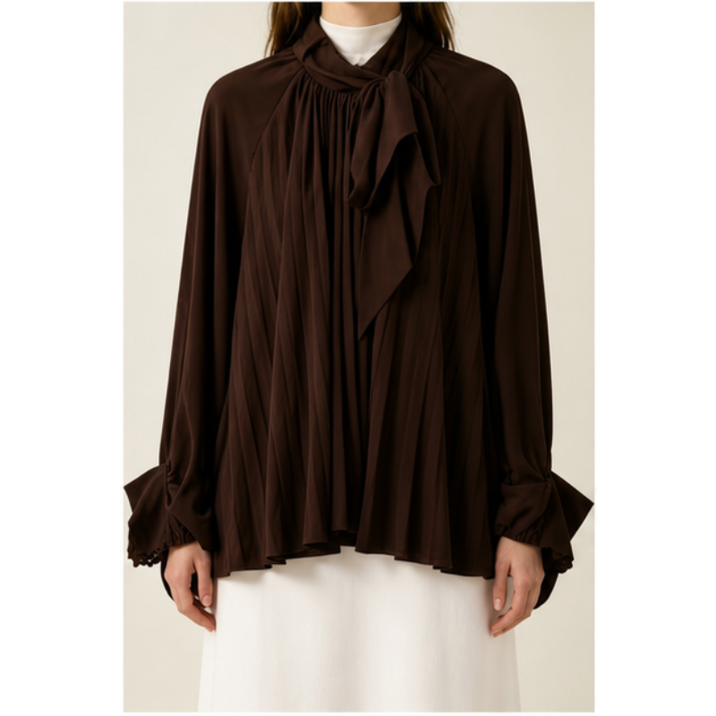 Chocolate blouse pleated with bow Tsniout - product photo 4
