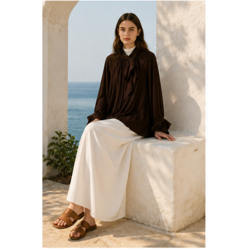 Chocolate blouse pleated with bow Tsniout - product photo 5