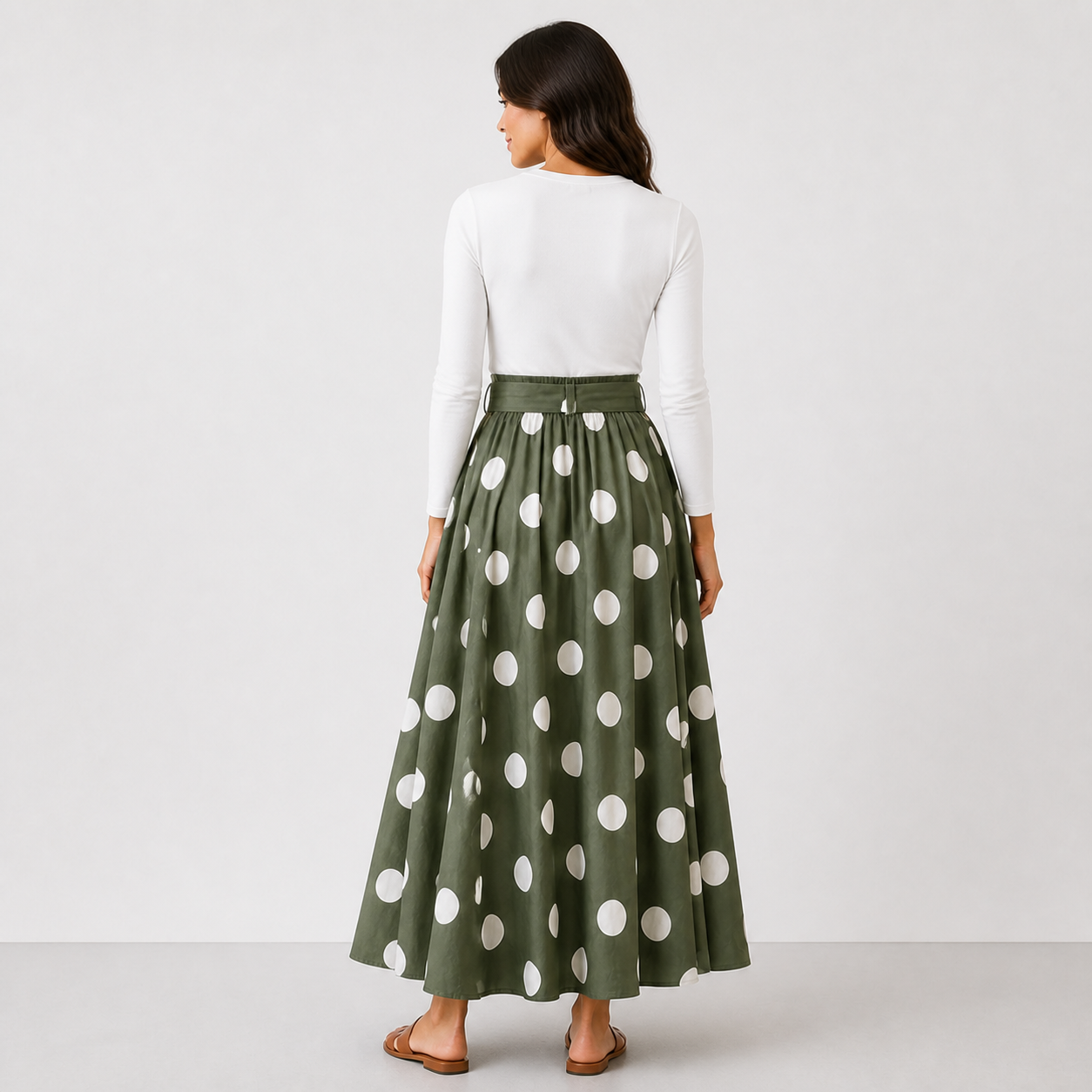 Green long skirt with polka dots white and belt Tsniout - product photo 2