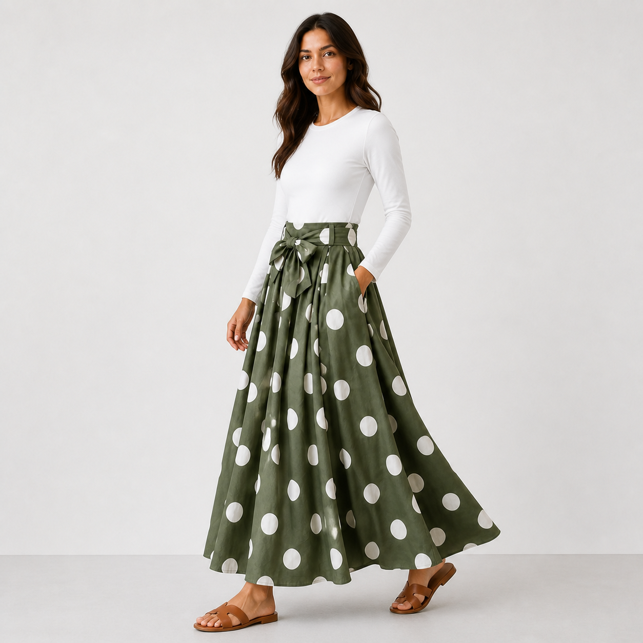 Green long skirt with polka dots white and belt Tsniout - product photo 3
