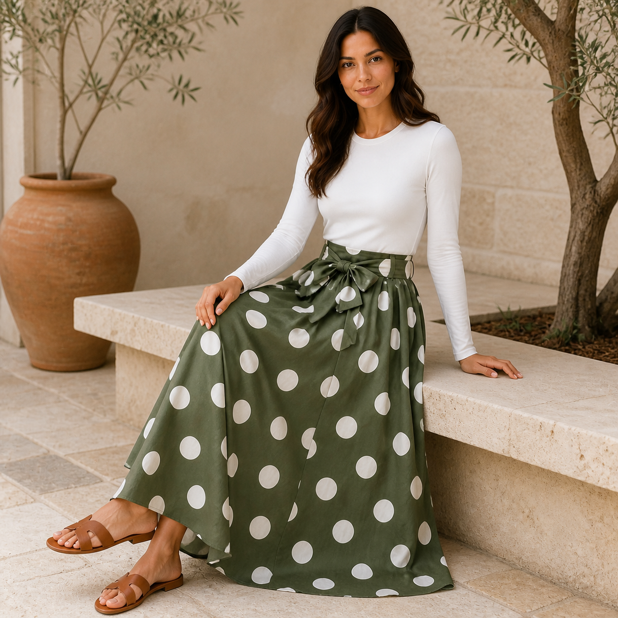 Green long skirt with polka dots white and belt Tsniout - product photo 5