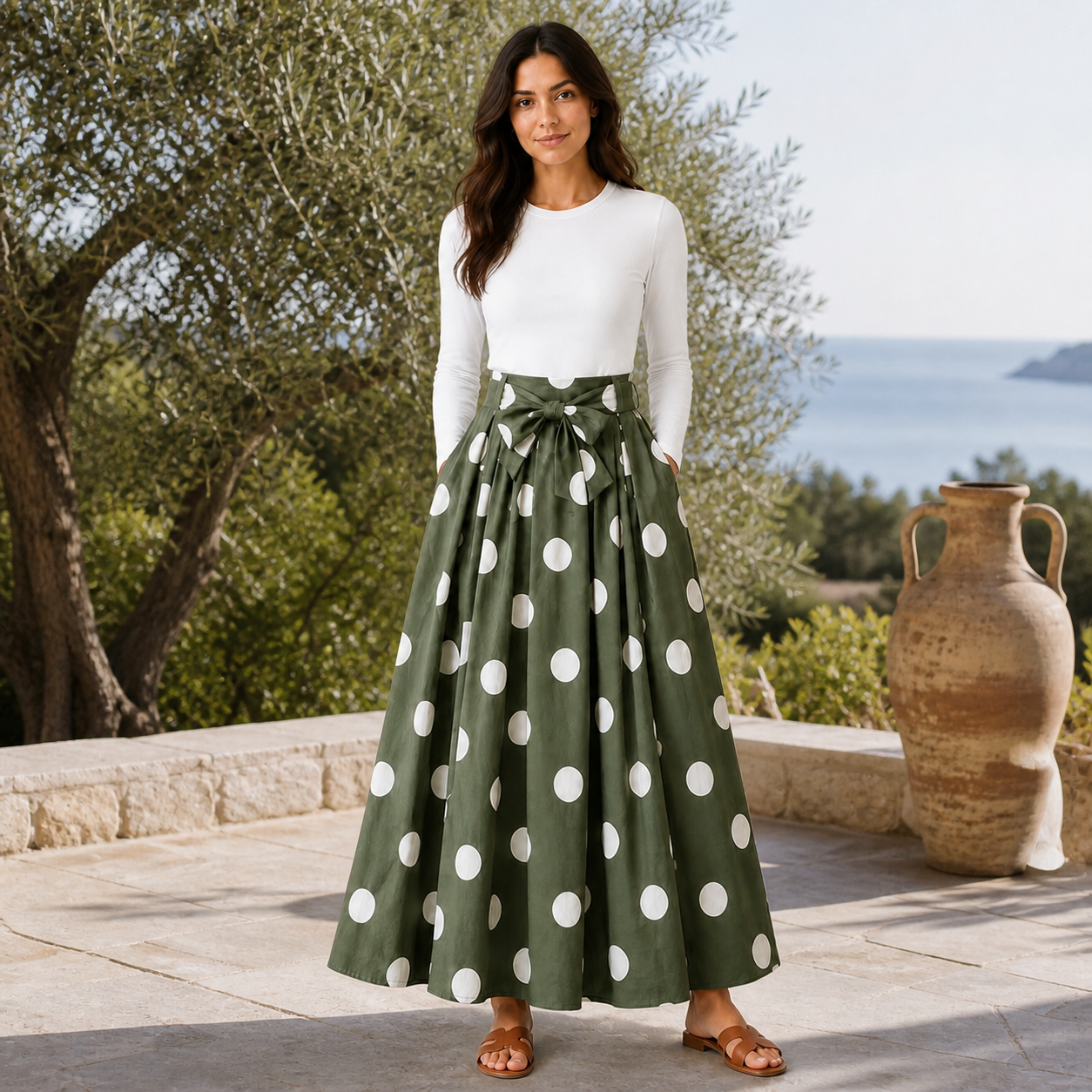 Green long skirt with polka dots white and belt Tsniout - product photo 6