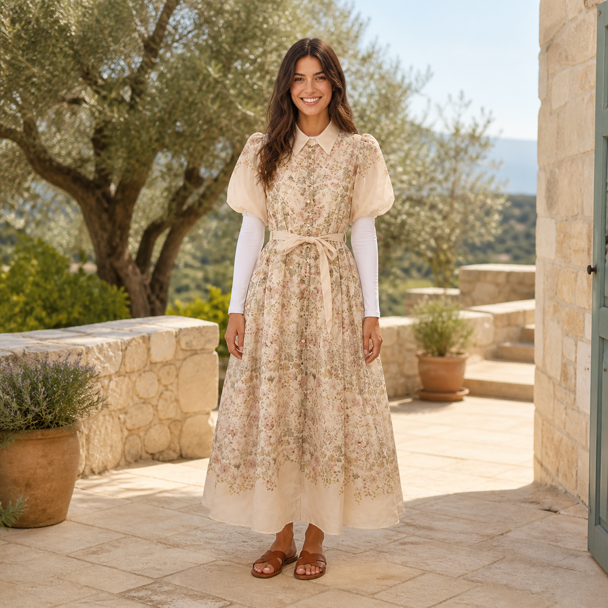 שמלה ארוכה בז׳ פרחונית עם צווארון חולצה Tsniout - תמונת מוצר 6