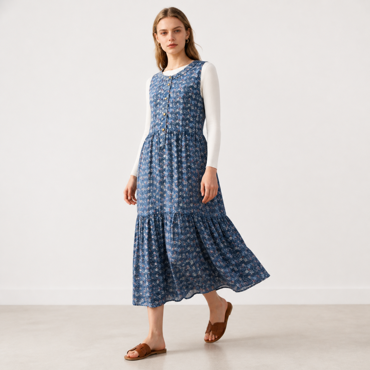 Long dress blue floral buttoned Tsniout - product photo 3