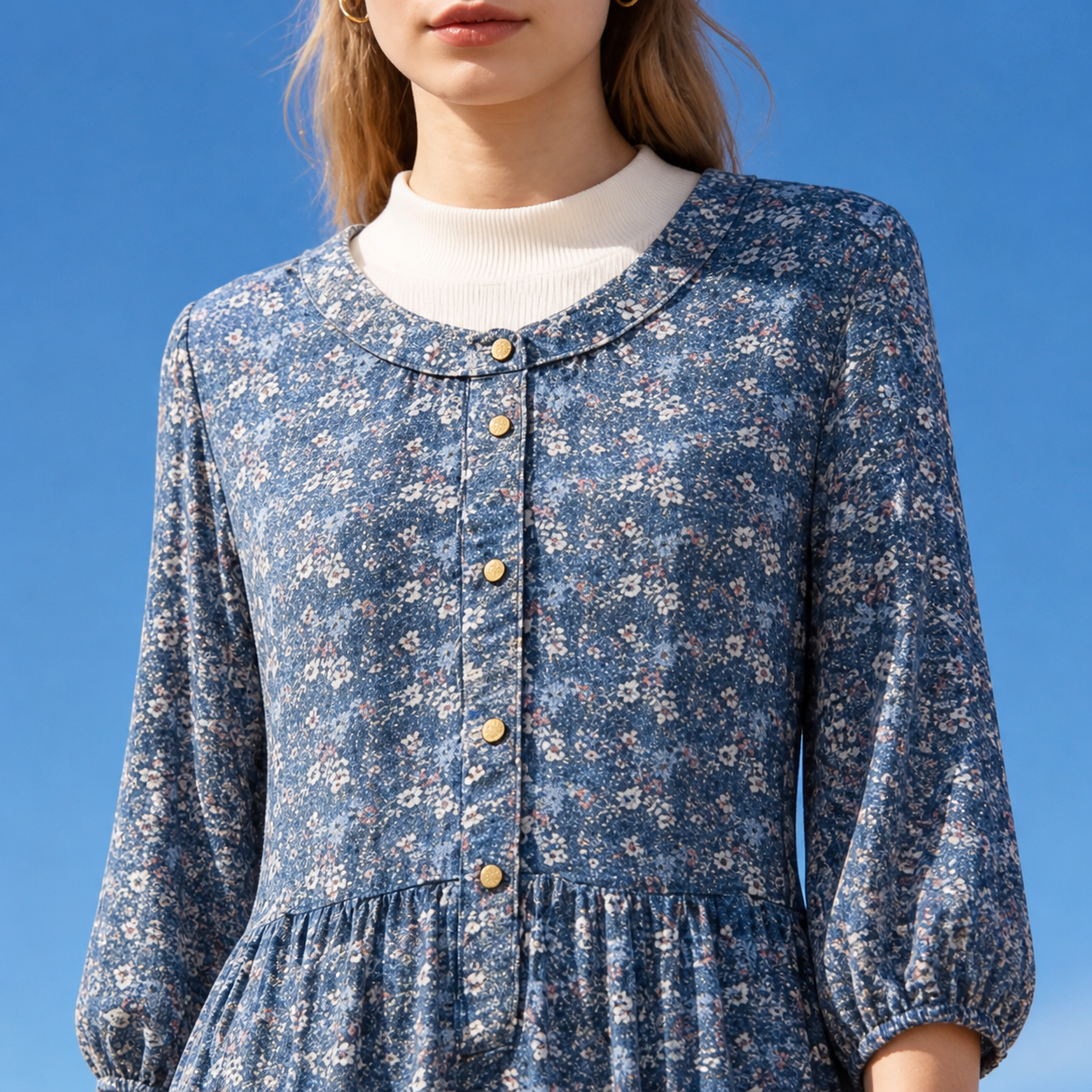 Long dress blue floral buttoned Tsniout - product photo 4