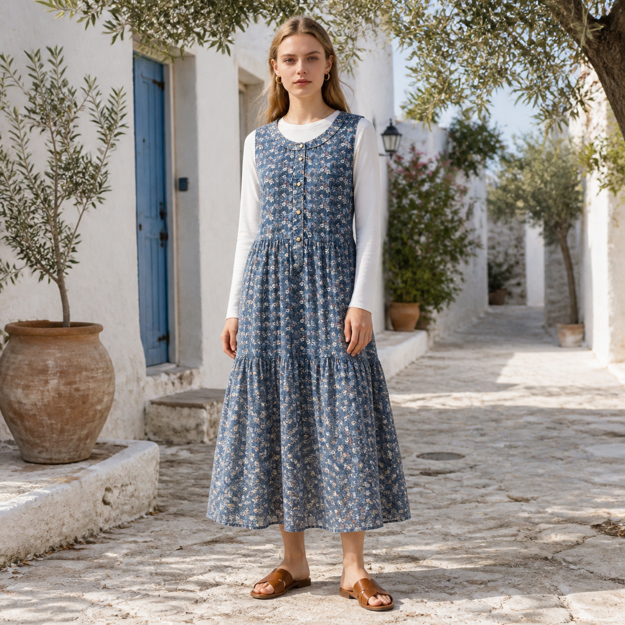 Long dress blue floral buttoned Tsniout - product photo 6