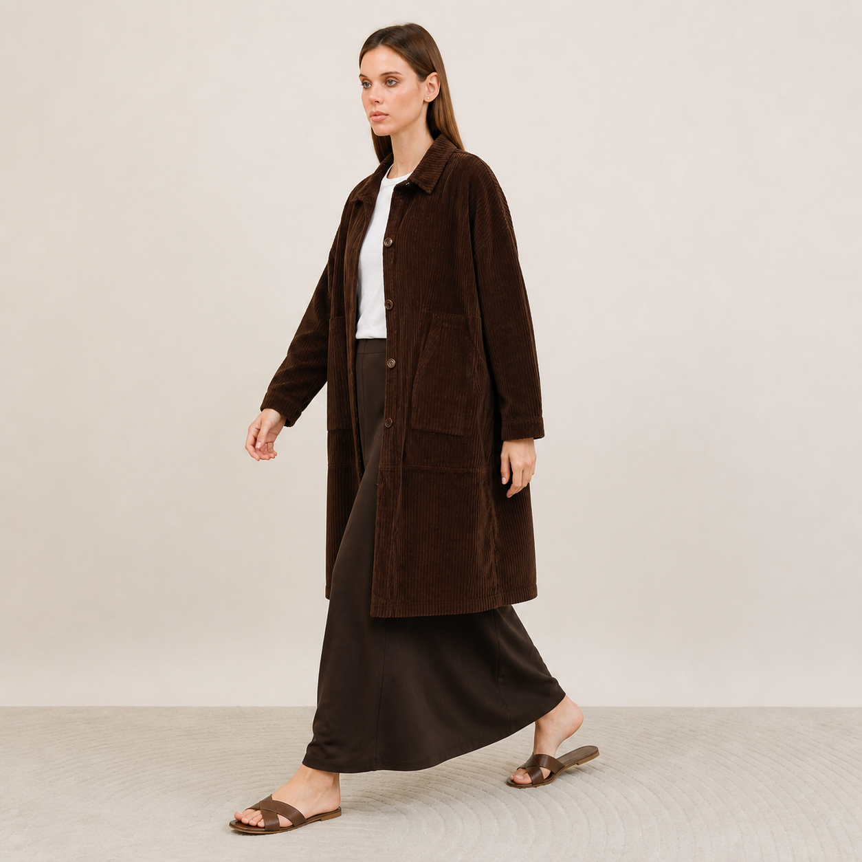 Long coat brown in corduroy Tsniout - product photo 3