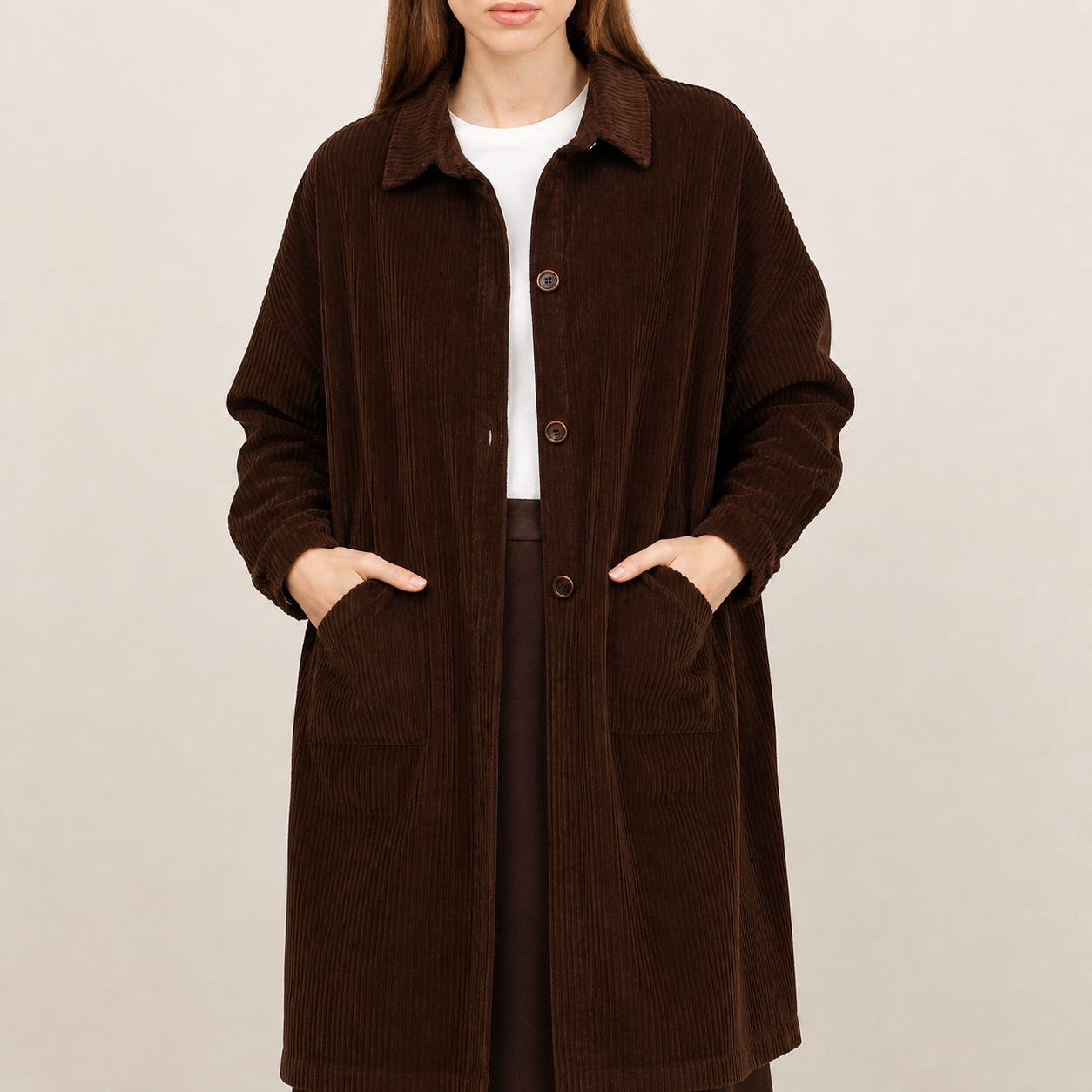 Long coat brown in corduroy Tsniout - product photo 4