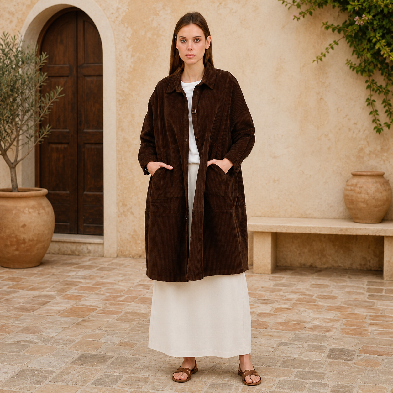 Long coat brown in corduroy Tsniout - product photo 6