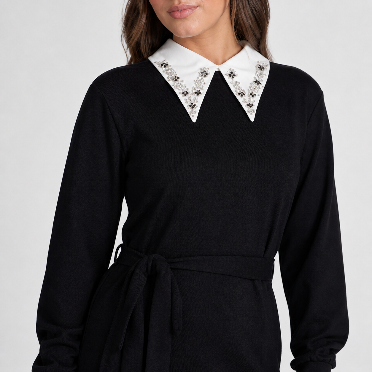 Black long dress knit with rhinestone collar Tsniout - product photo 4