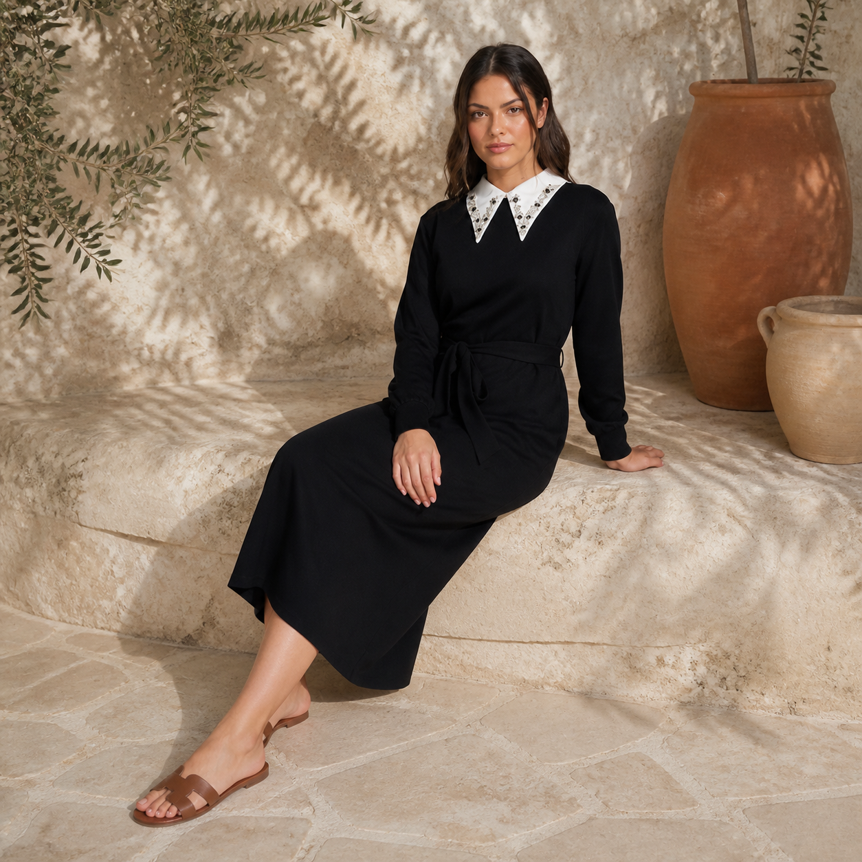 Black long dress knit with rhinestone collar Tsniout - product photo 5