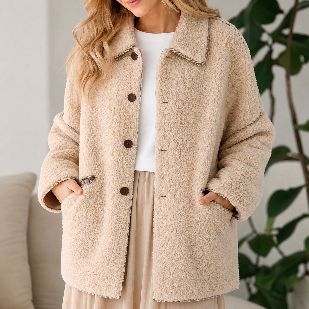 Veste teddy בז׳ עם boutons Tsniout - תמונת מוצר 4