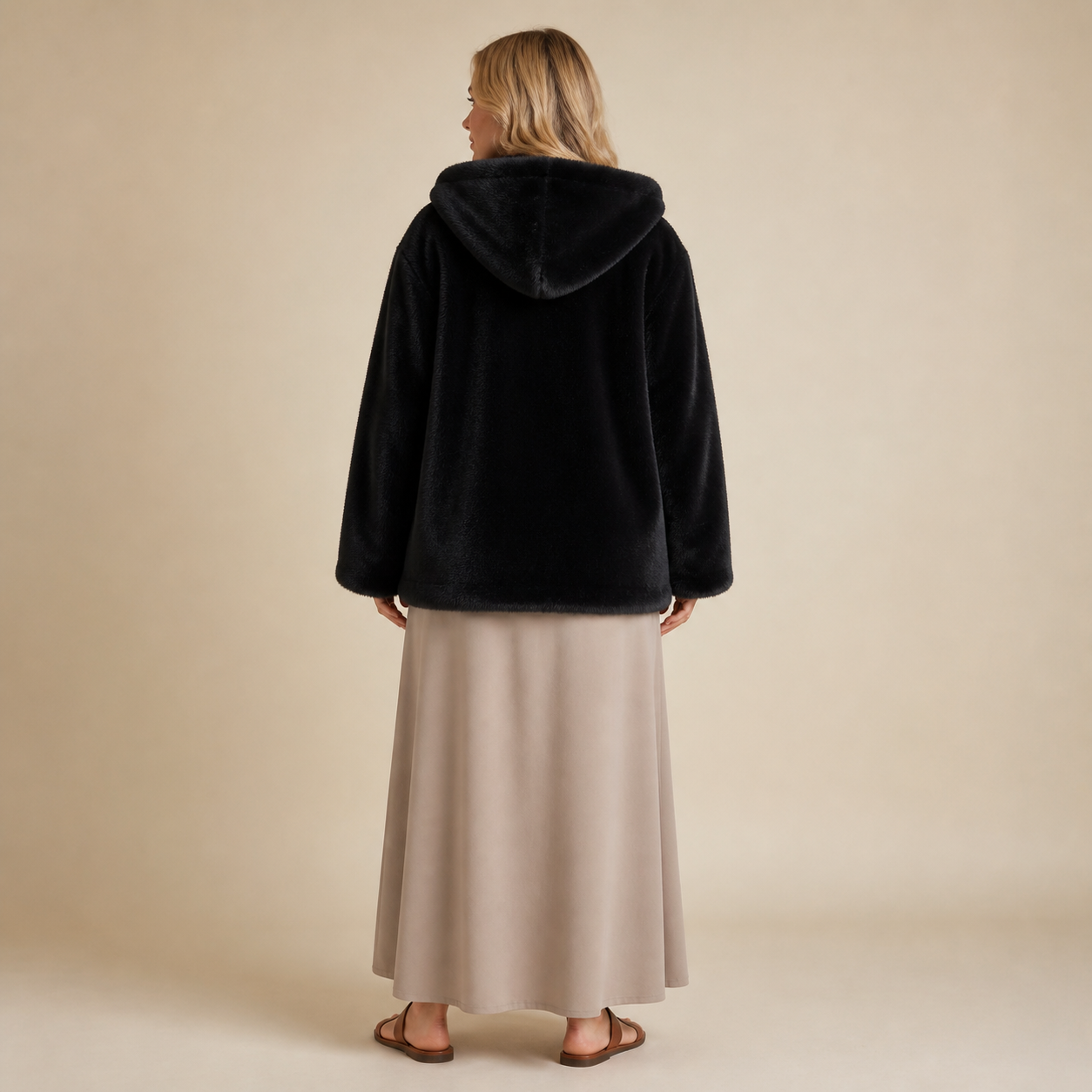 Black coat in faux fur with hood Tsniout - product photo 2