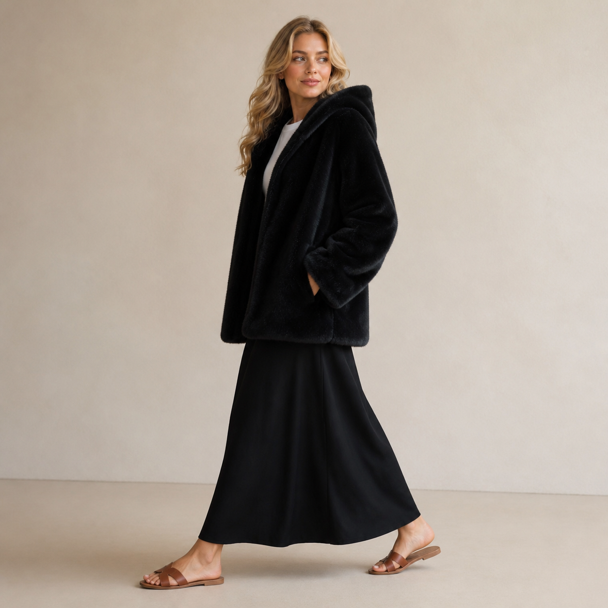 Black coat in faux fur with hood Tsniout - product photo 3