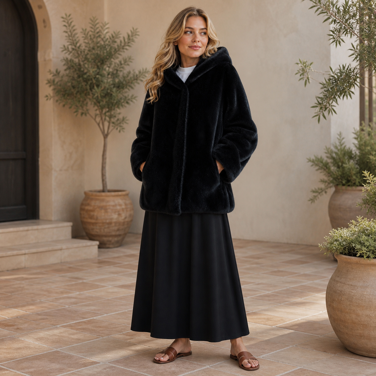 Black coat in faux fur with hood Tsniout - product photo 6