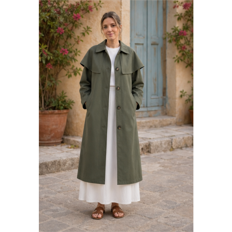 Khaki long trench with pèlerine Tsniout - product photo 6