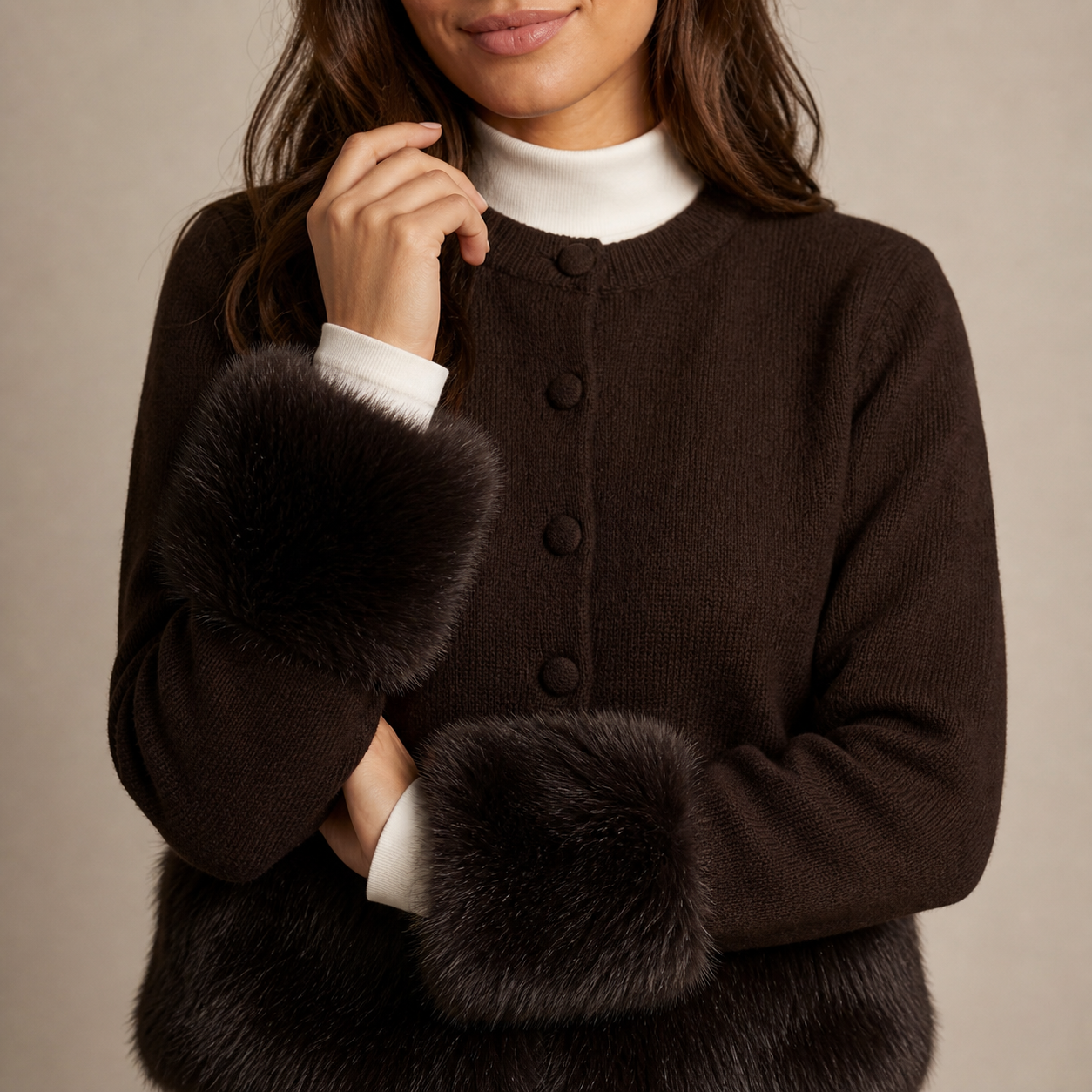 Coffee cardigan with trims faux fur Tsniout - product photo 4