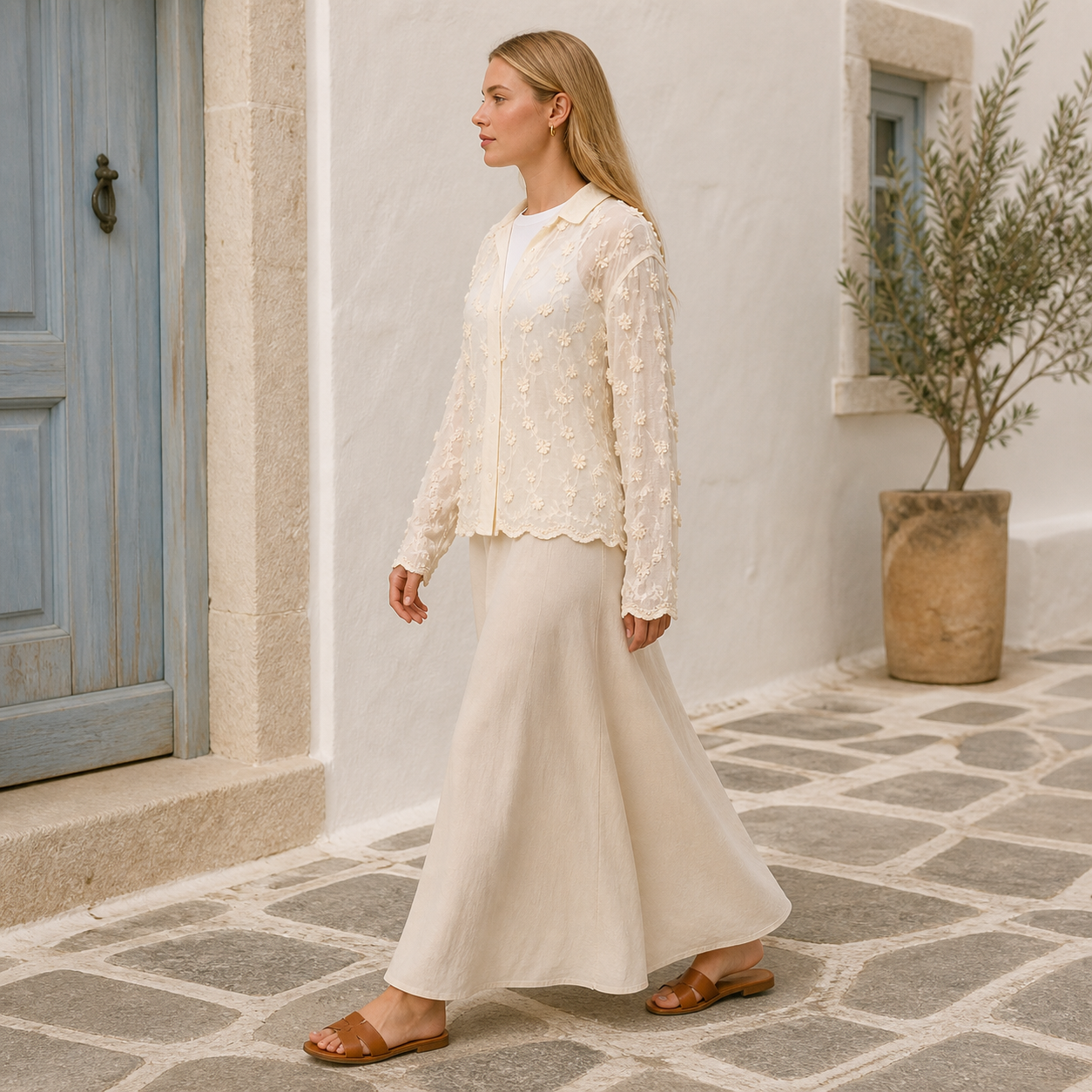 Beige blouse with fleurs embroidered Tsniout - product photo 3