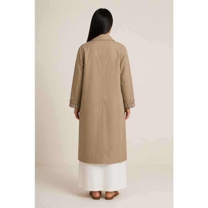 Taupe mid-length trench with revers with checks Tsniout - product photo 2