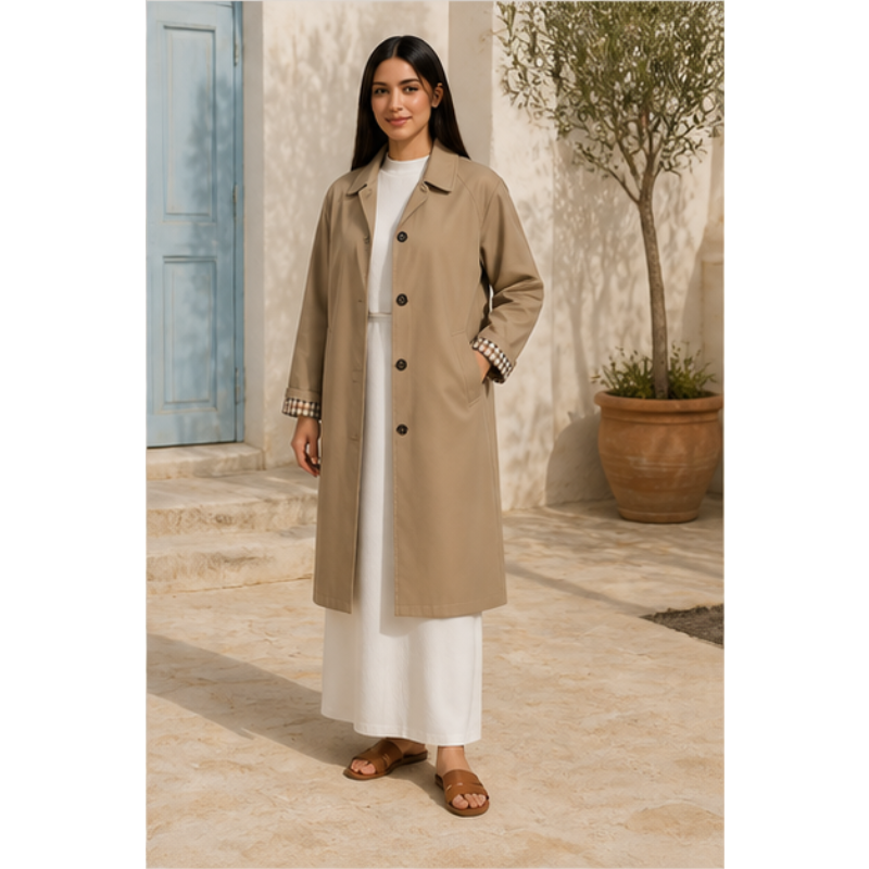 Taupe mid-length trench with revers with checks Tsniout - product photo 3