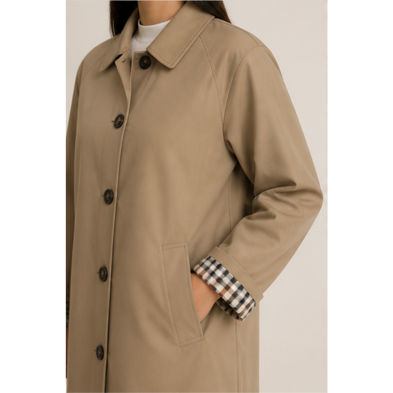 Taupe mid-length trench with revers with checks Tsniout - product photo 4