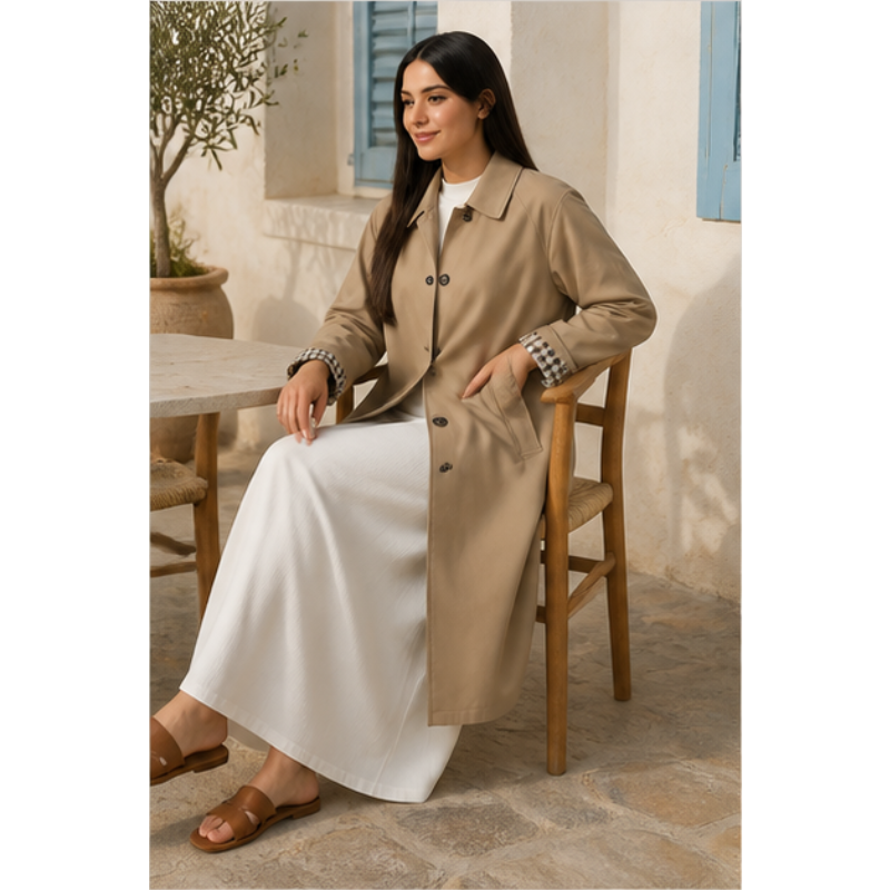 Taupe mid-length trench with revers with checks Tsniout - product photo 5