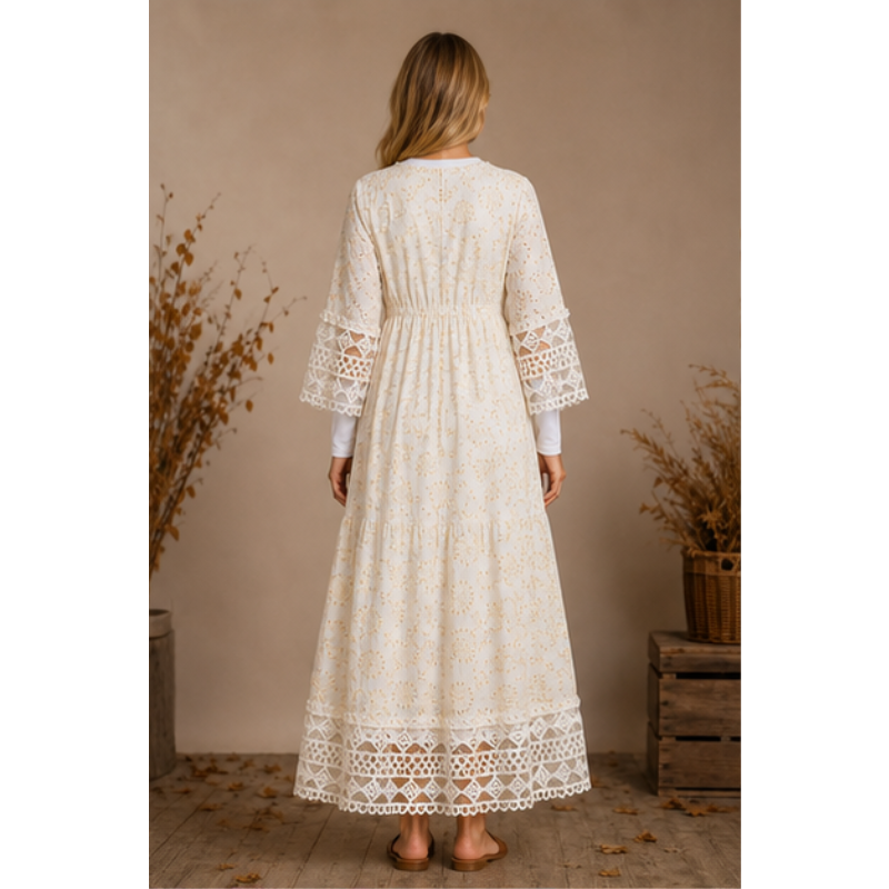 Ivory long dress and gold in broderie anglaise Tsniout - product photo 2