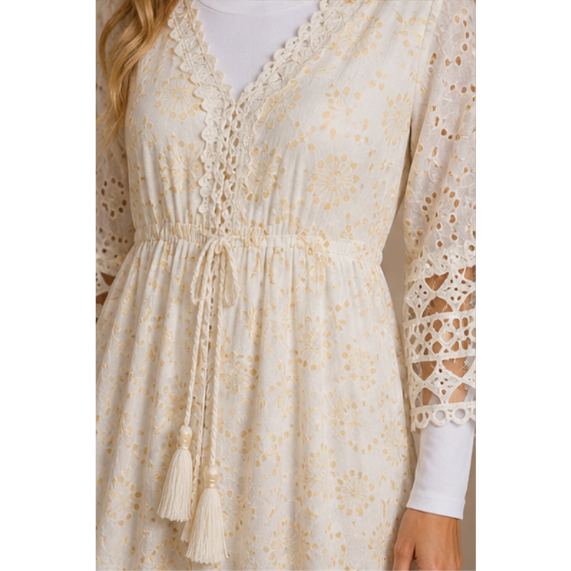 Ivory long dress and gold in broderie anglaise Tsniout - product photo 4