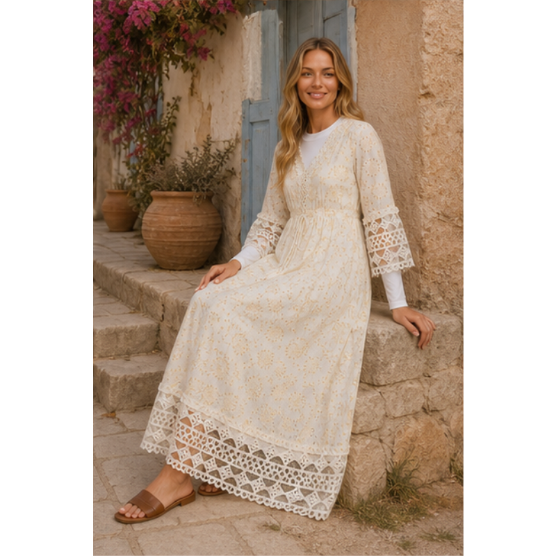 Ivory long dress and gold in broderie anglaise Tsniout - product photo 5