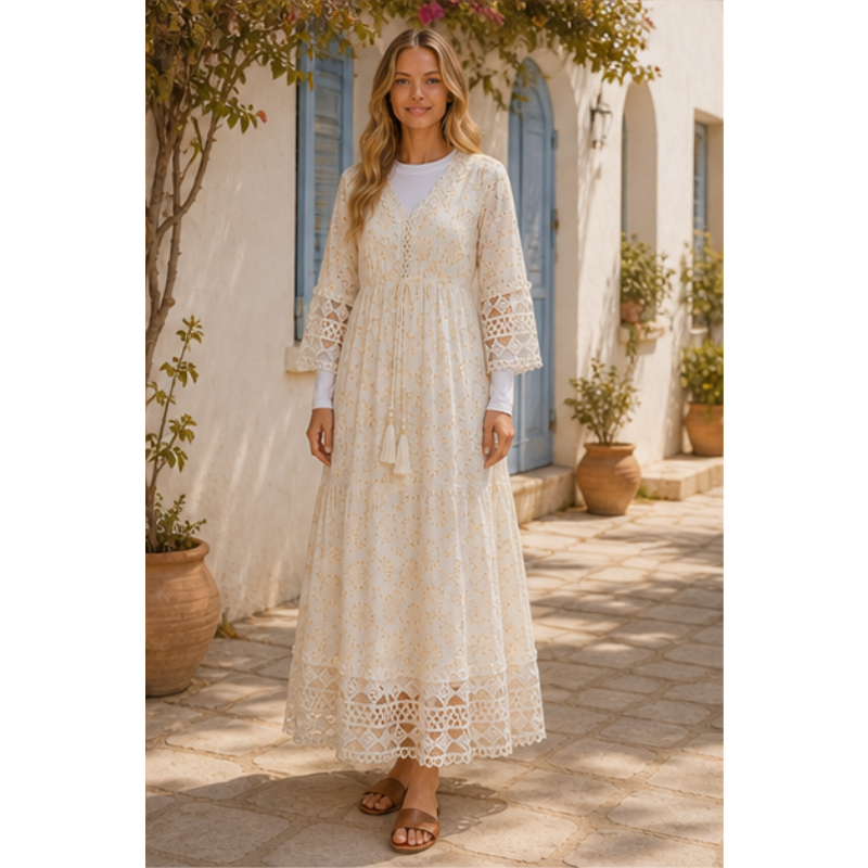Ivory long dress and gold in broderie anglaise Tsniout - product photo 6