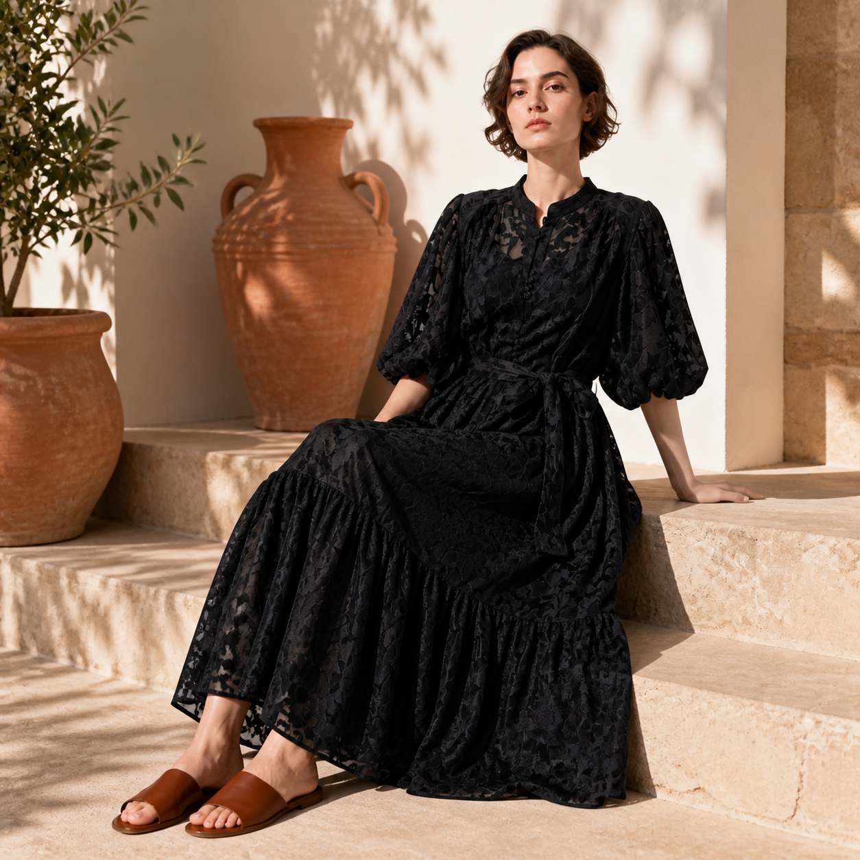 Black long dress lace floral Tsniout - product photo 5