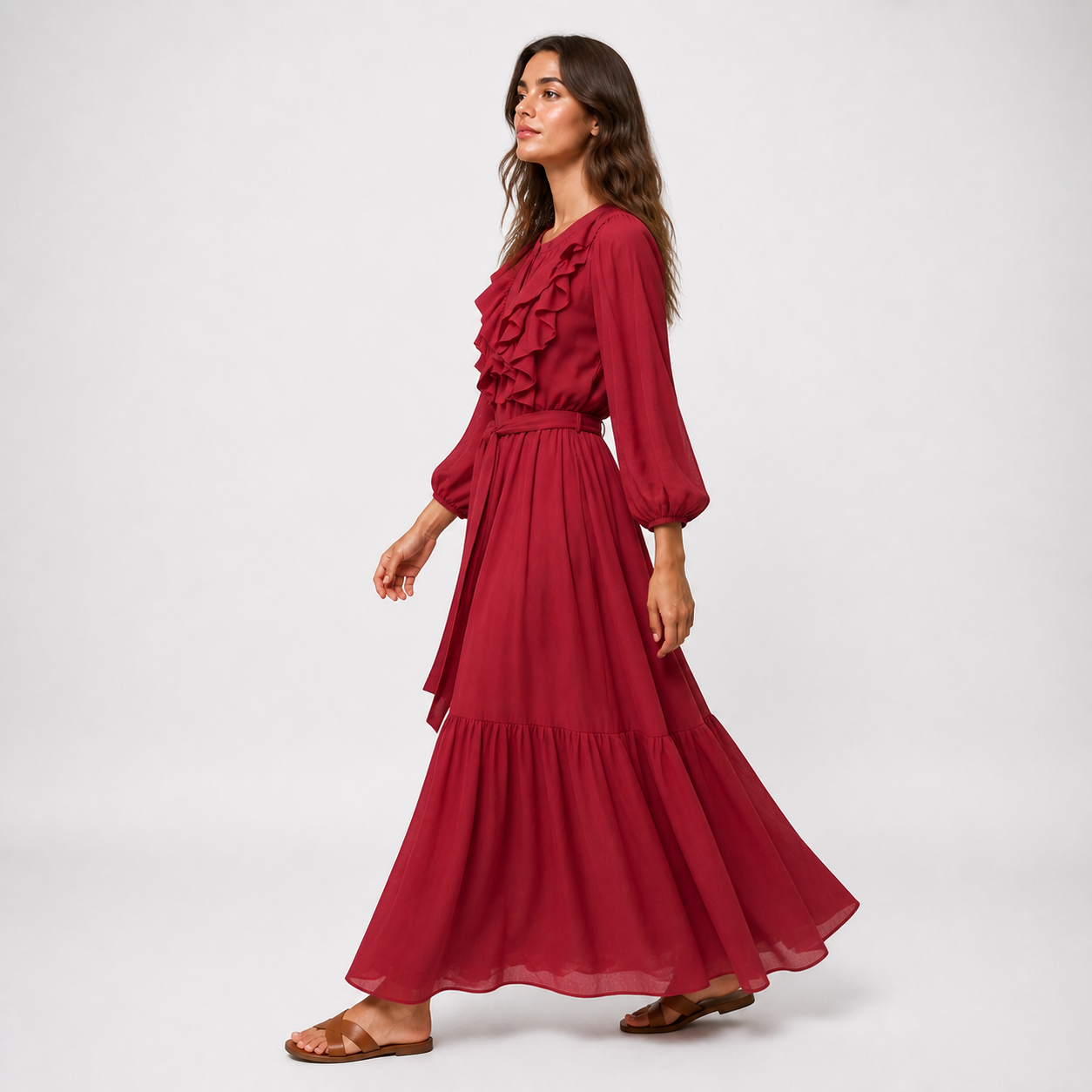 Burgundy long dress ruffled Tsniout - product photo 3