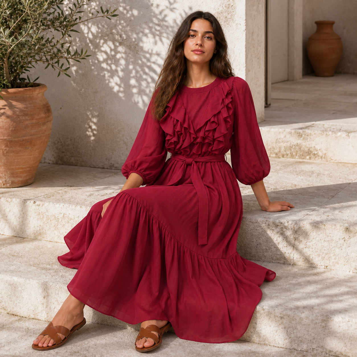 Burgundy long dress ruffled Tsniout - product photo 5