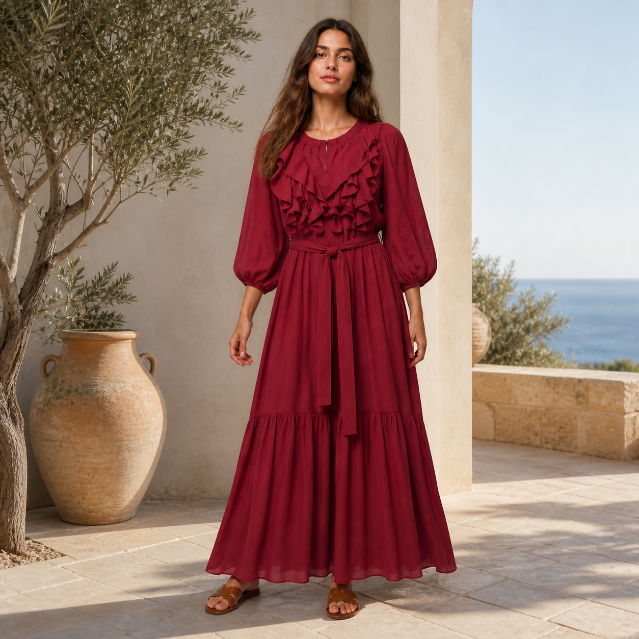 Burgundy long dress ruffled Tsniout - product photo 6