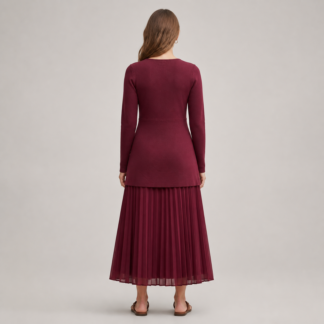 Burgundy long dress knit and jupe pleated Tsniout - product photo 2