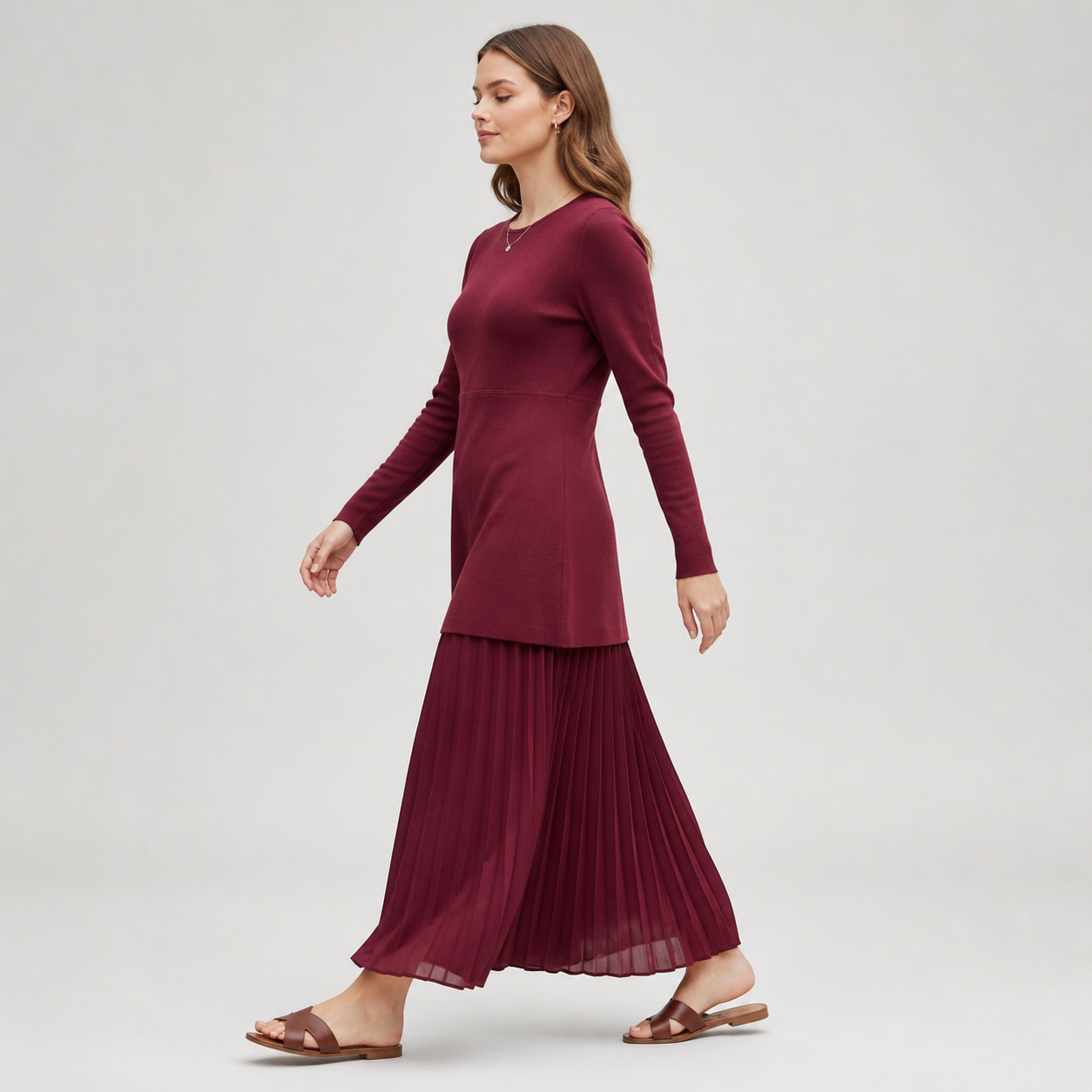 Burgundy long dress knit and jupe pleated Tsniout - product photo 3