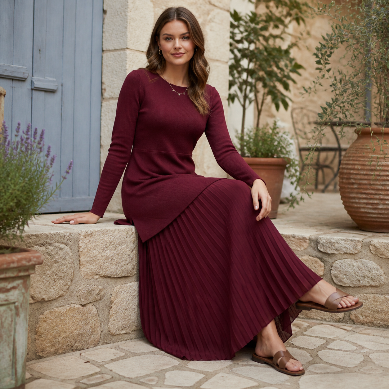 Burgundy long dress knit and jupe pleated Tsniout - product photo 5