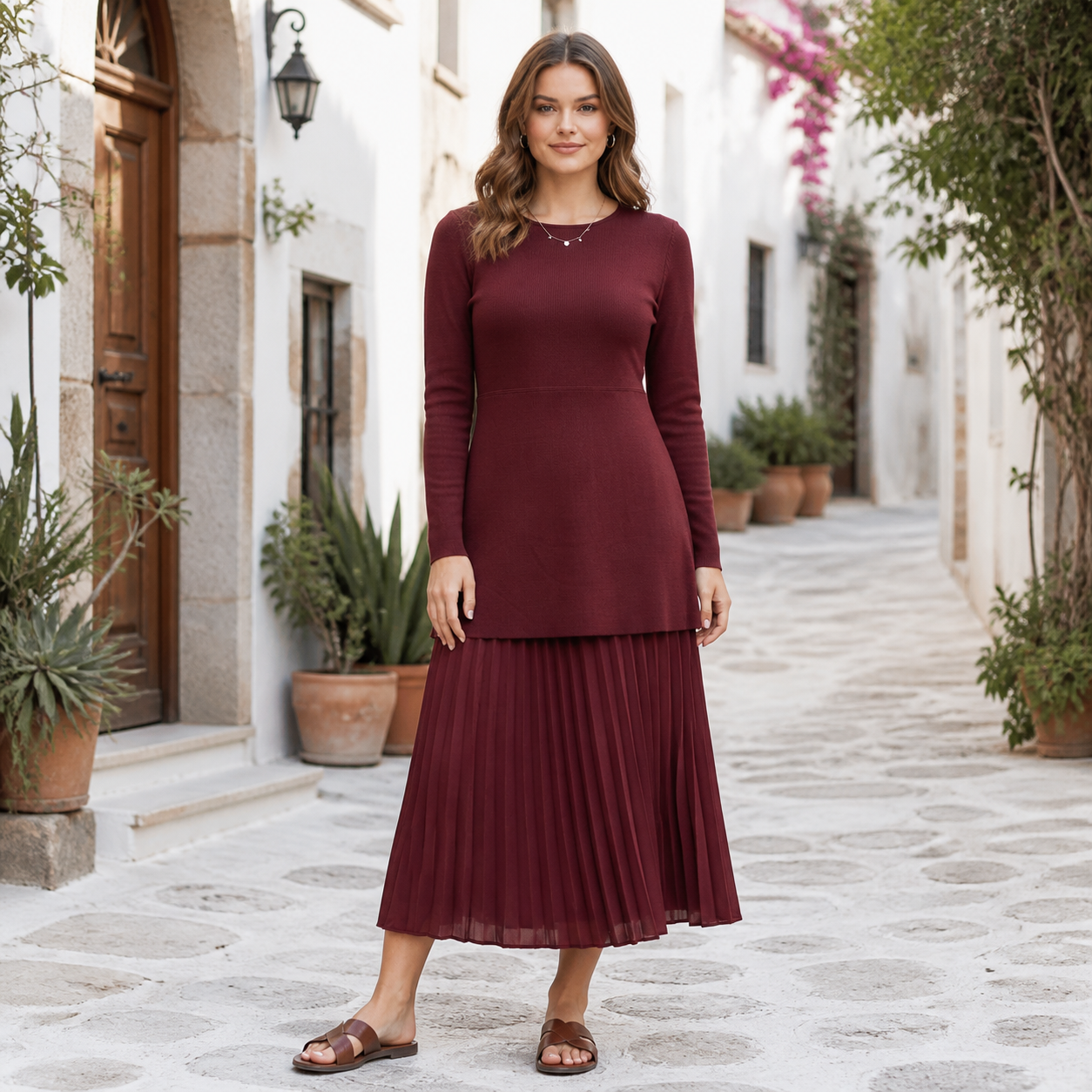 Burgundy long dress knit and jupe pleated Tsniout - product photo 6